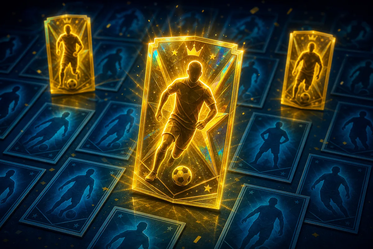 Glowing golden foil soccer star stickers spotlighted among rows of ordinary blue stickers.