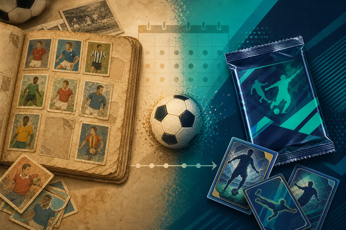 Two eras of World Cup soccer sticker collecting — a vintage paper album beside a modern trading-card pack, with a timeline and a soccer ball.