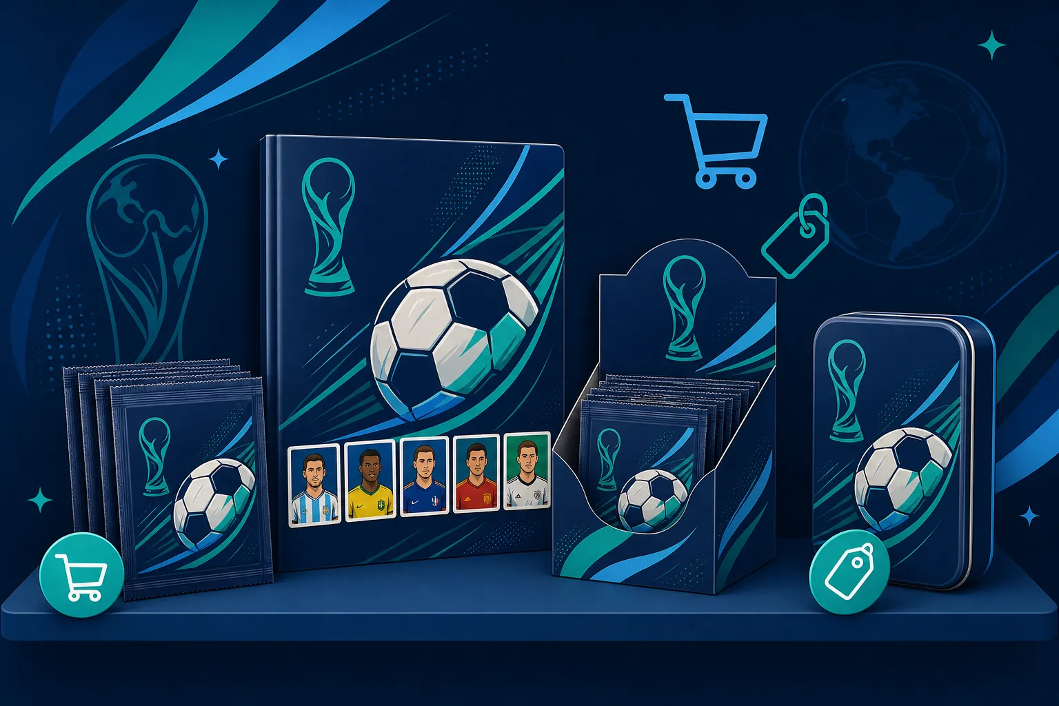World Cup 2026 Panini sticker packs, album, display box and collector tin arranged on a shelf with shopping-cart and price-tag icons.