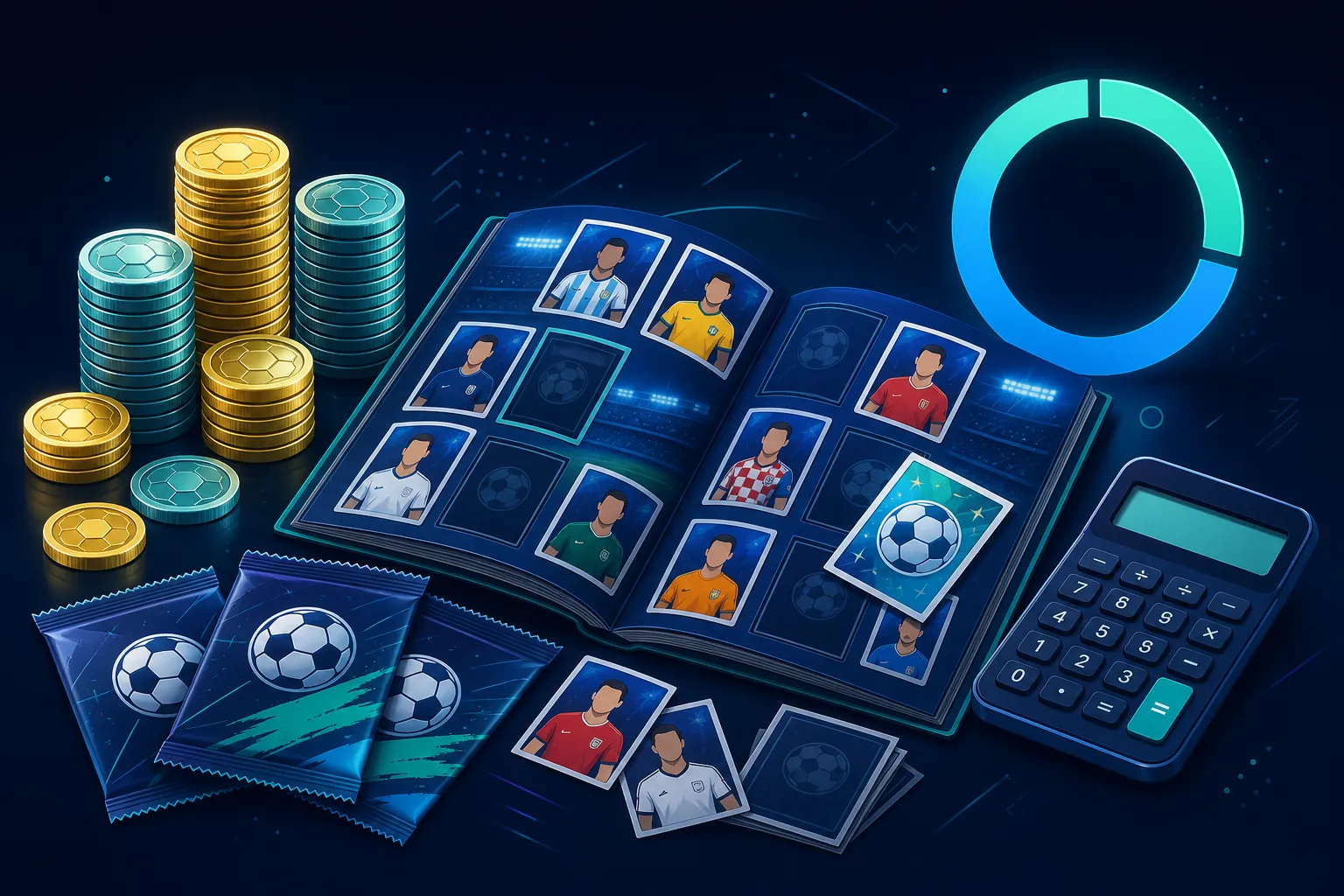 Coins, sticker packs and an open World Cup 2026 Panini album with a calculator, illustrating the cost to complete the album.