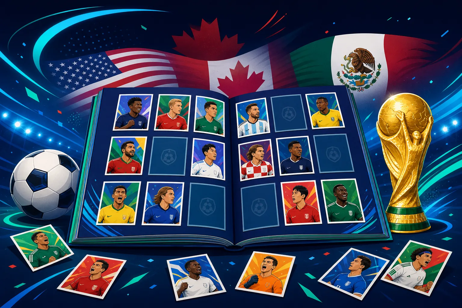 Open World Cup 2026 Panini sticker album with national-team stickers, a soccer ball, the World Cup trophy and the USA, Canada and Mexico flags.