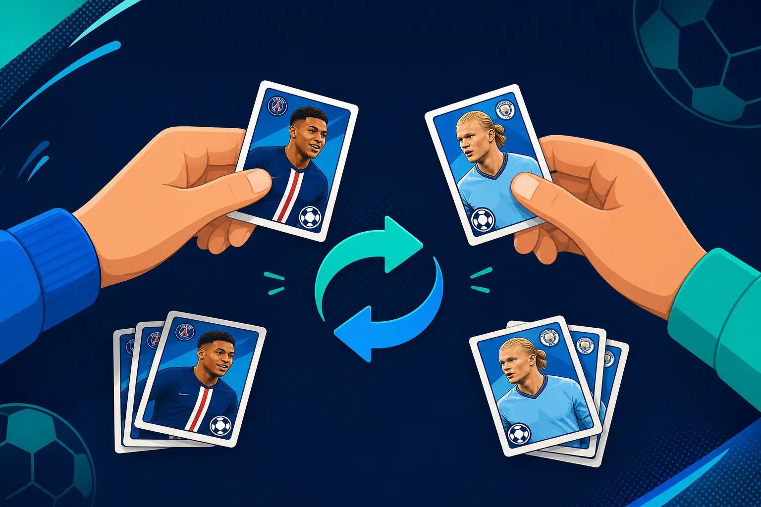 Two hands swapping World Cup 2026 Panini player stickers with a circular swap-arrows symbol and duplicate stickers.